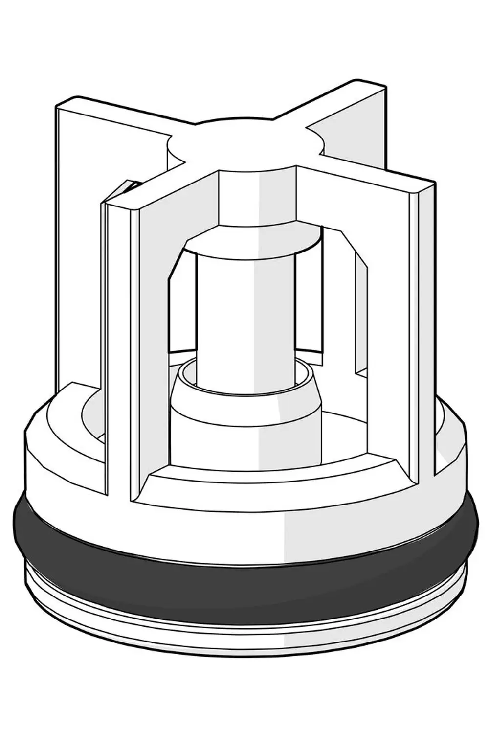 Detailansicht einer HANSA Armaturenkartusche mit quadratischer Struktur, einem zentralen Zylinder und gummiertem Dichtungsring am Boden.
